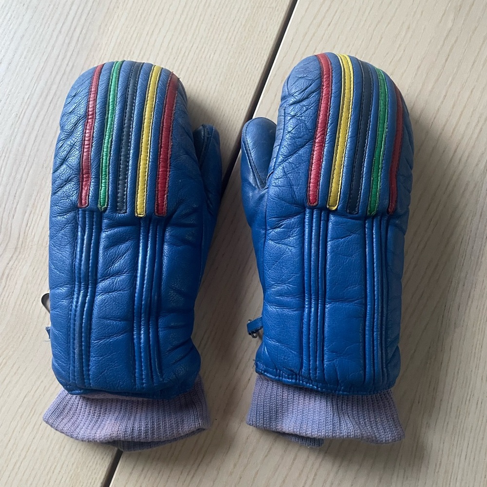 Vintage leather ski gloves, retro rainbow stripped leather mittens ladies medium